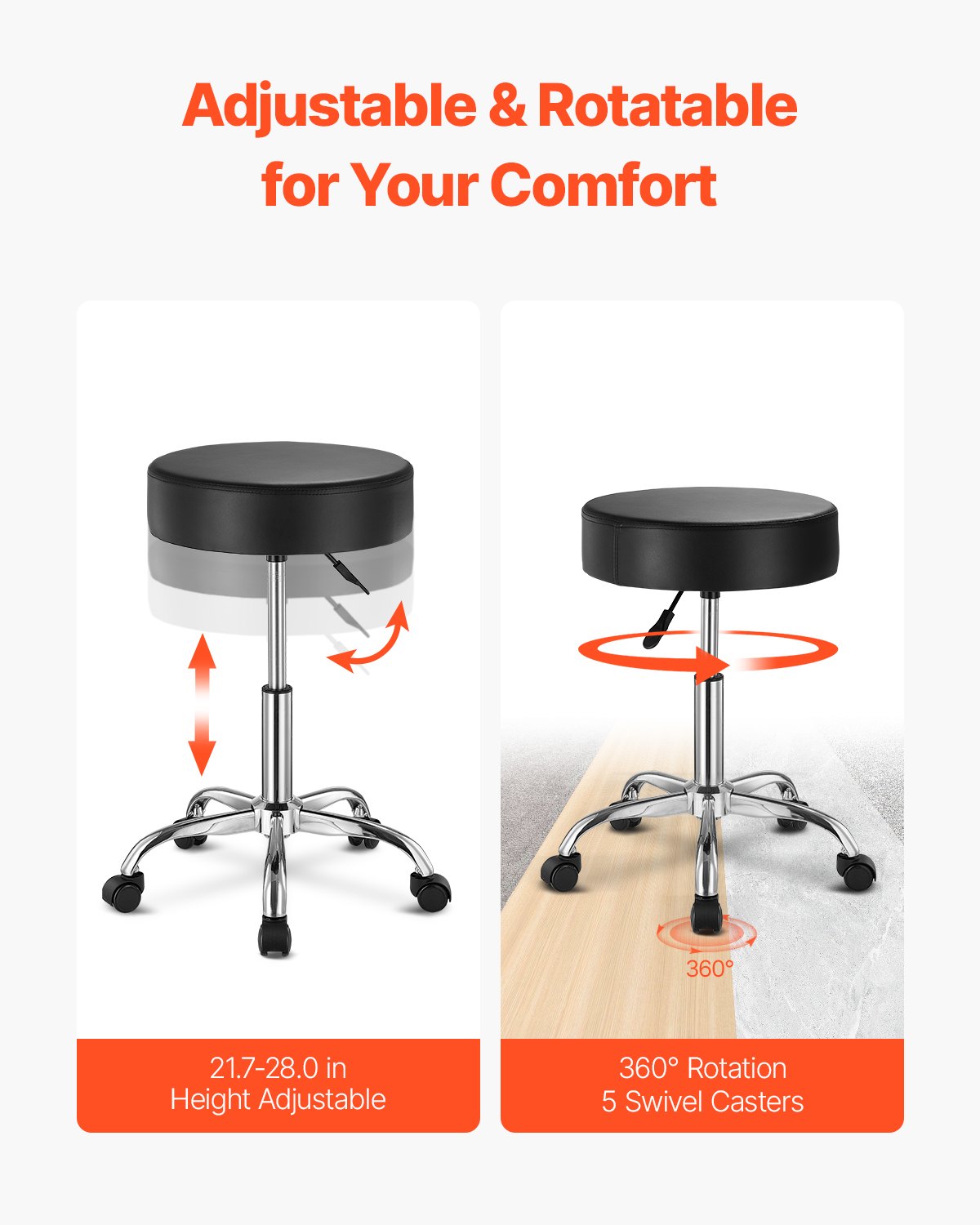 VEVOR Round Rolling Stool Swivel Work Stool with Wheels Height Adjustable Black