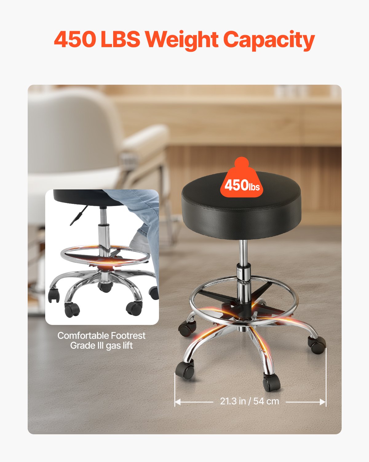 VEVOR Round Rolling Stool Swivel Stool with Wheels & Footrest Height Adjustable