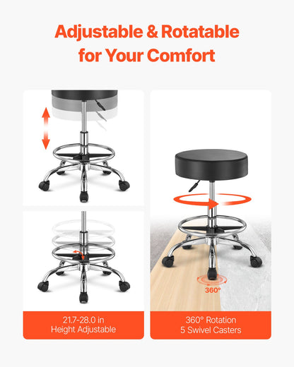 VEVOR Round Rolling Stool Swivel Stool with Wheels & Footrest Height Adjustable