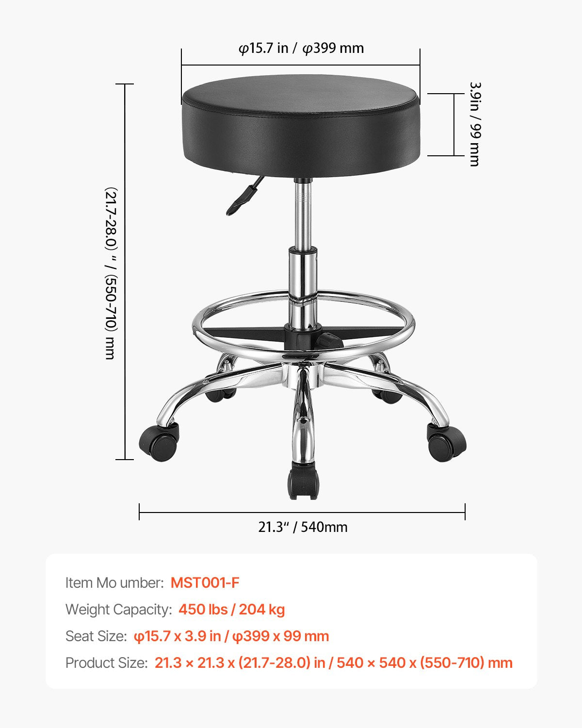 VEVOR Round Rolling Stool Swivel Stool with Wheels & Footrest Height Adjustable