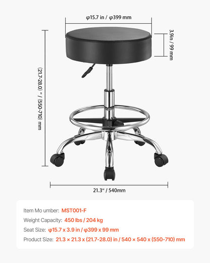VEVOR Round Rolling Stool Swivel Stool with Wheels & Footrest Height Adjustable