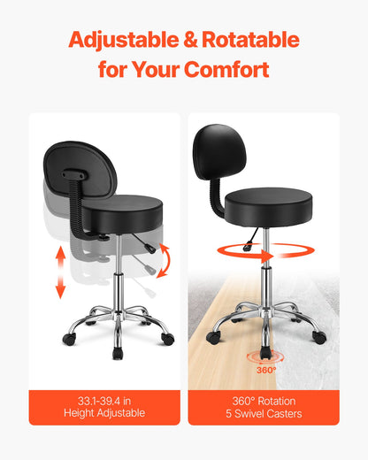 VEVOR Round Rolling Stool Swivel Stool with Backrest Height Adjustable Black