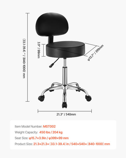 VEVOR Round Rolling Stool Swivel Stool with Backrest Height Adjustable Black