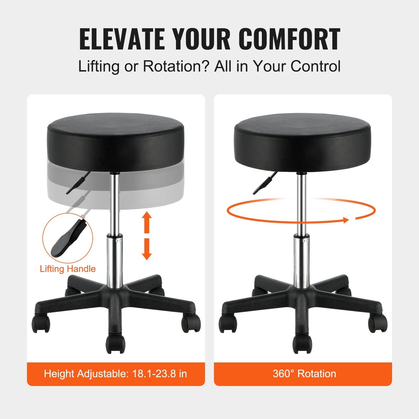 Height Adjustable Swivel Stool with Wheels, Black PU Leather, 181 kg Capacity