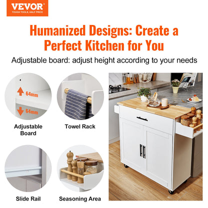 VEVOR Kitchen Island Cart with Solid Wood Top, 900mm Width Mobile Carts with Storage