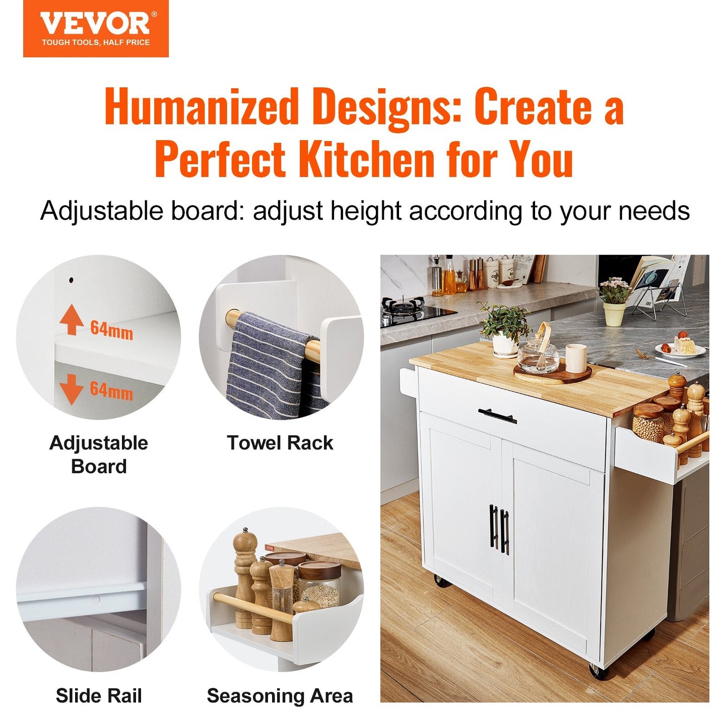 Mobile Kitchen Island Cart with Wood Top, Storage, and Adjustable Shelves