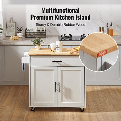 VEVOR Kitchen Island Cart with Solid Wood Top, 900mm Width Mobile Carts with Storage