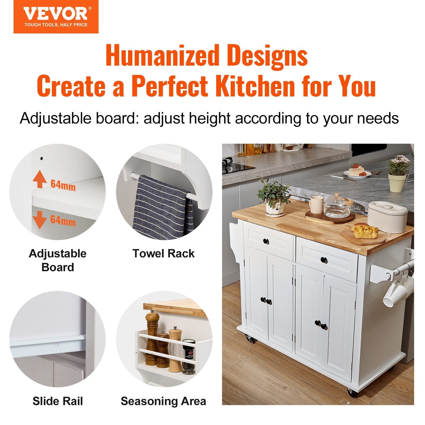 White Kitchen Island Cart with Wood Top, Storage Cabinet, and Silent Wheels