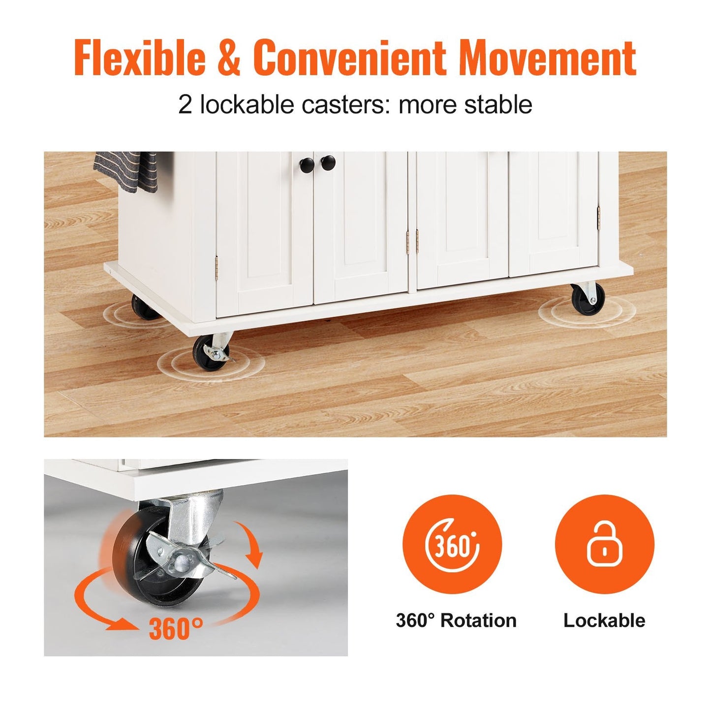White Kitchen Island Cart with Wood Top, Storage Cabinet, and Silent Wheels