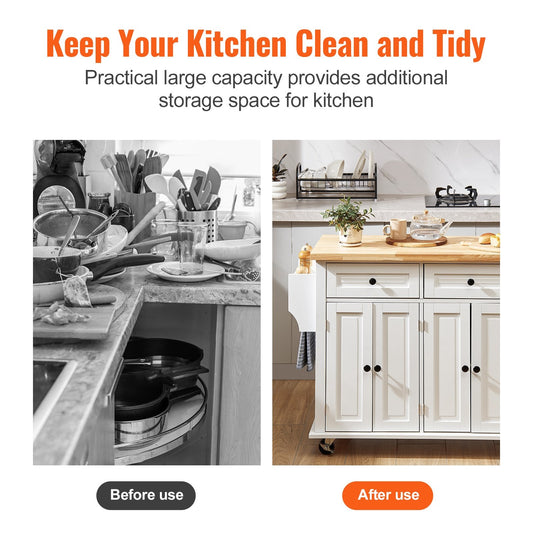 White Kitchen Island Cart with Wood Top, Storage Cabinet, and Silent Wheels