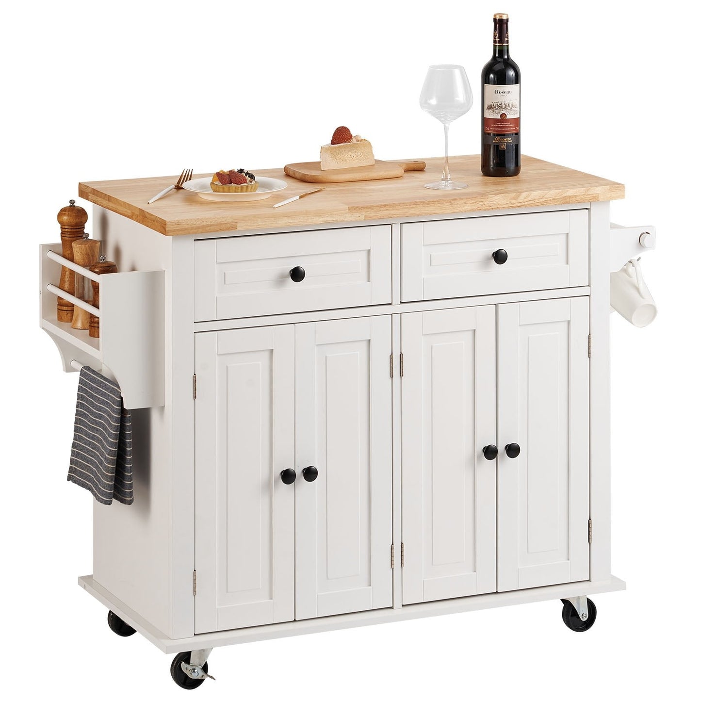 White Kitchen Island Cart with Wood Top, Storage Cabinet, and Silent Wheels