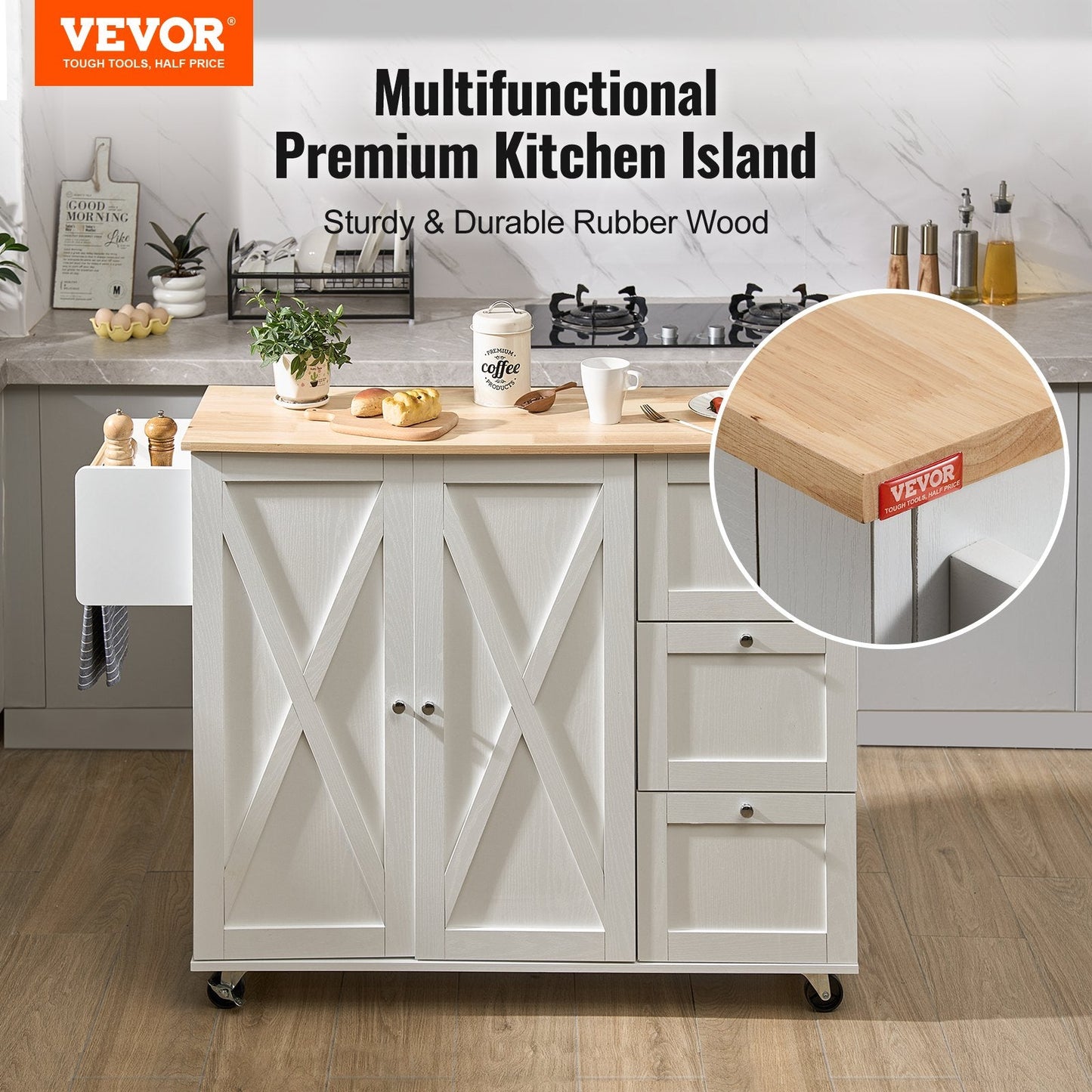 White Kitchen Island Cart with Wood Top, Storage & Wheels - 1.15m Width