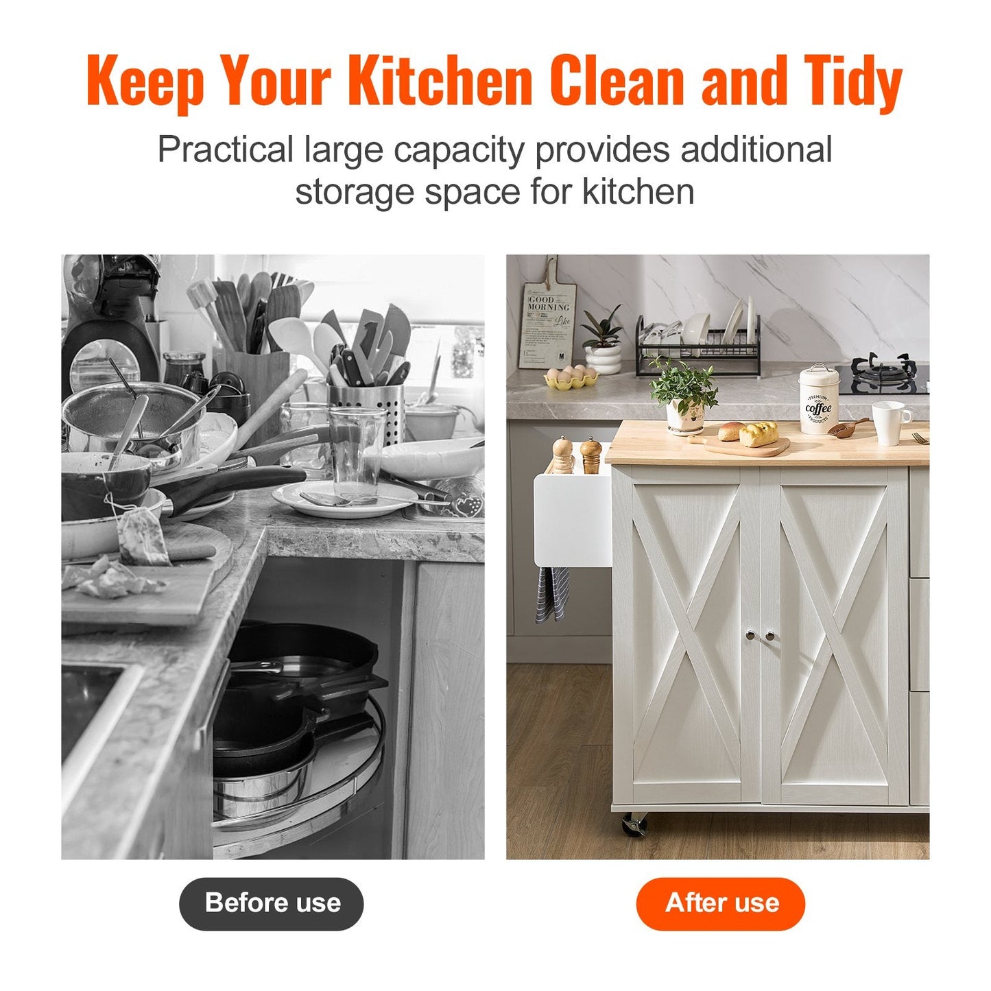 White Kitchen Island Cart with Wood Top, Storage & Wheels - 1.15m Width