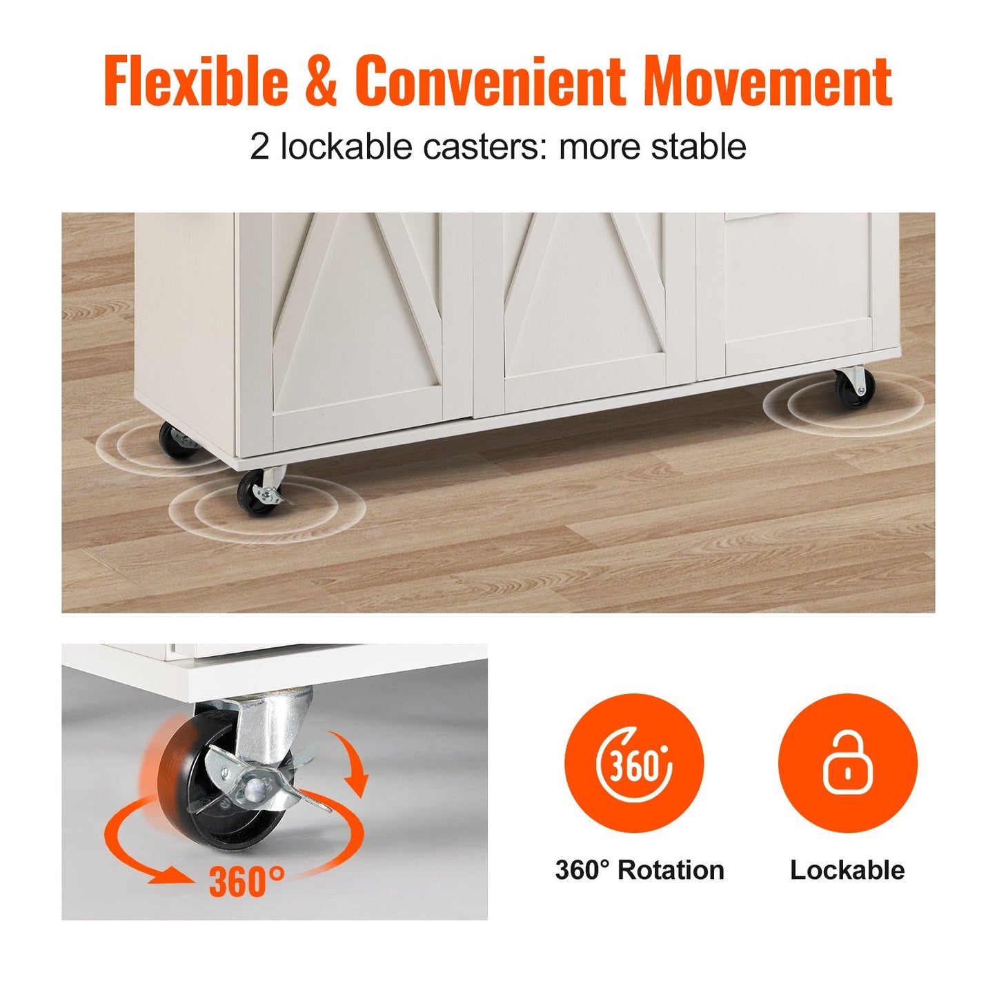 White Kitchen Island Cart with Wood Top, Storage & Wheels - 1.15m Width