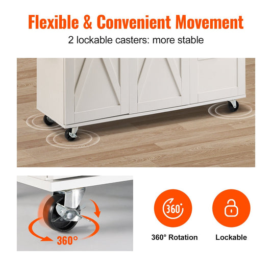 White Kitchen Island Cart with Wood Top, Storage & Wheels - 1.15m Width