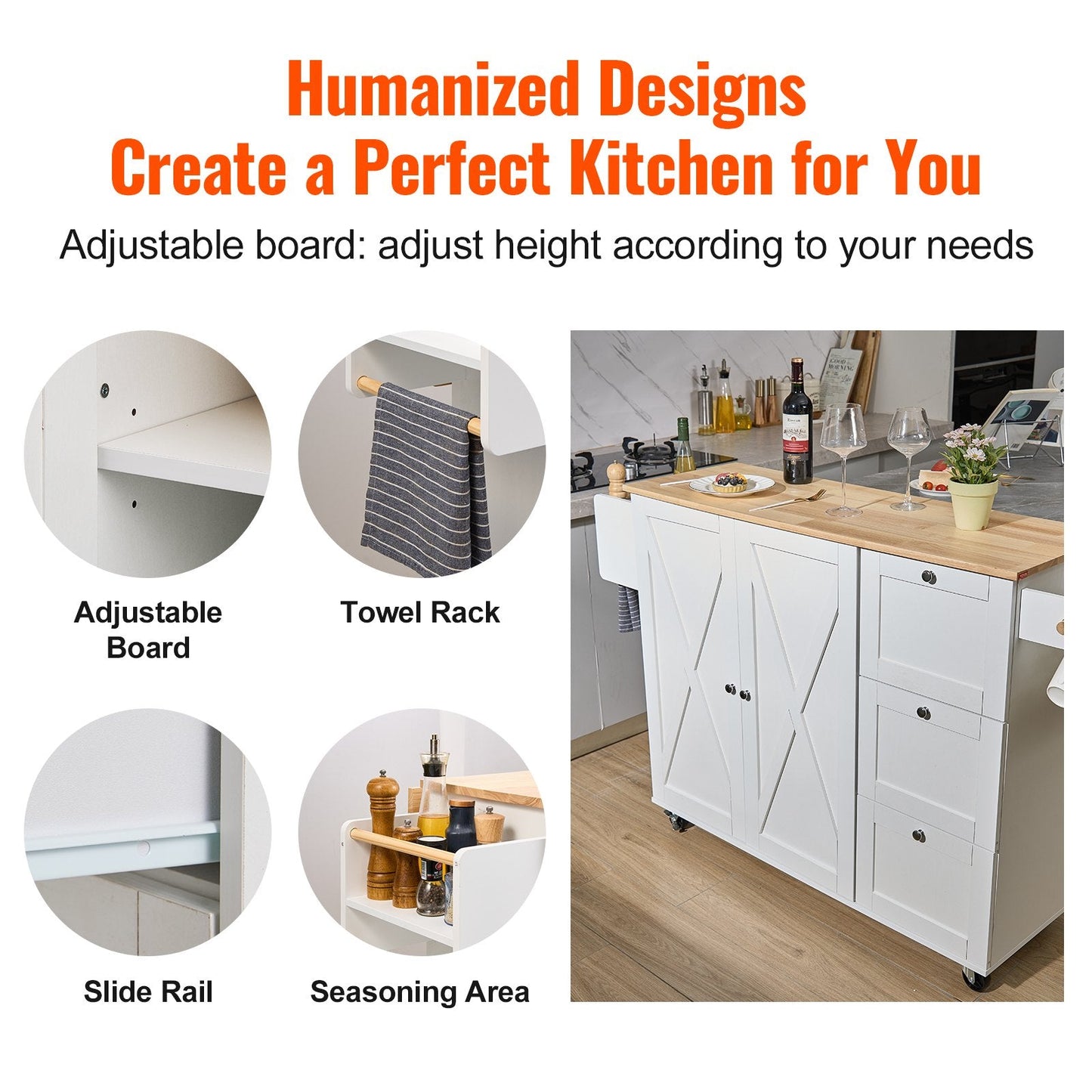 White Kitchen Island Cart with Wood Top, Storage & Wheels - 1.15m Width