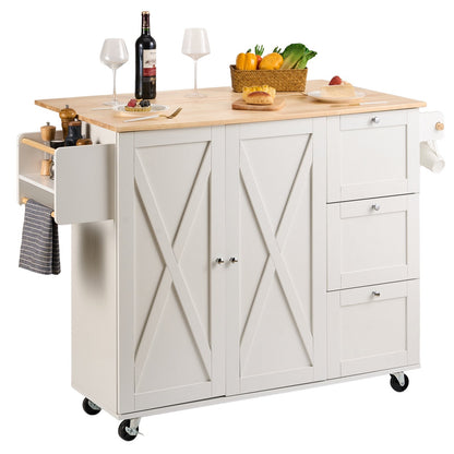 White Kitchen Island Cart with Wood Top, Storage & Wheels - 1.15m Width