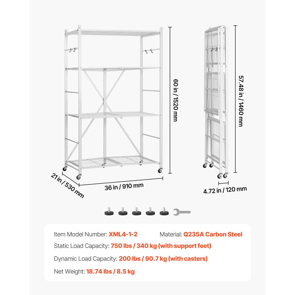 VEVOR Folding Storage Shelf with Wheels 4-Tier No Assembly Organizer Shelf White