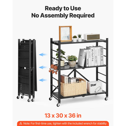 VEVOR 3-Tier Foldable Storage Shelf with Wheels 76 x 33 x 91 cm Metal Shelving