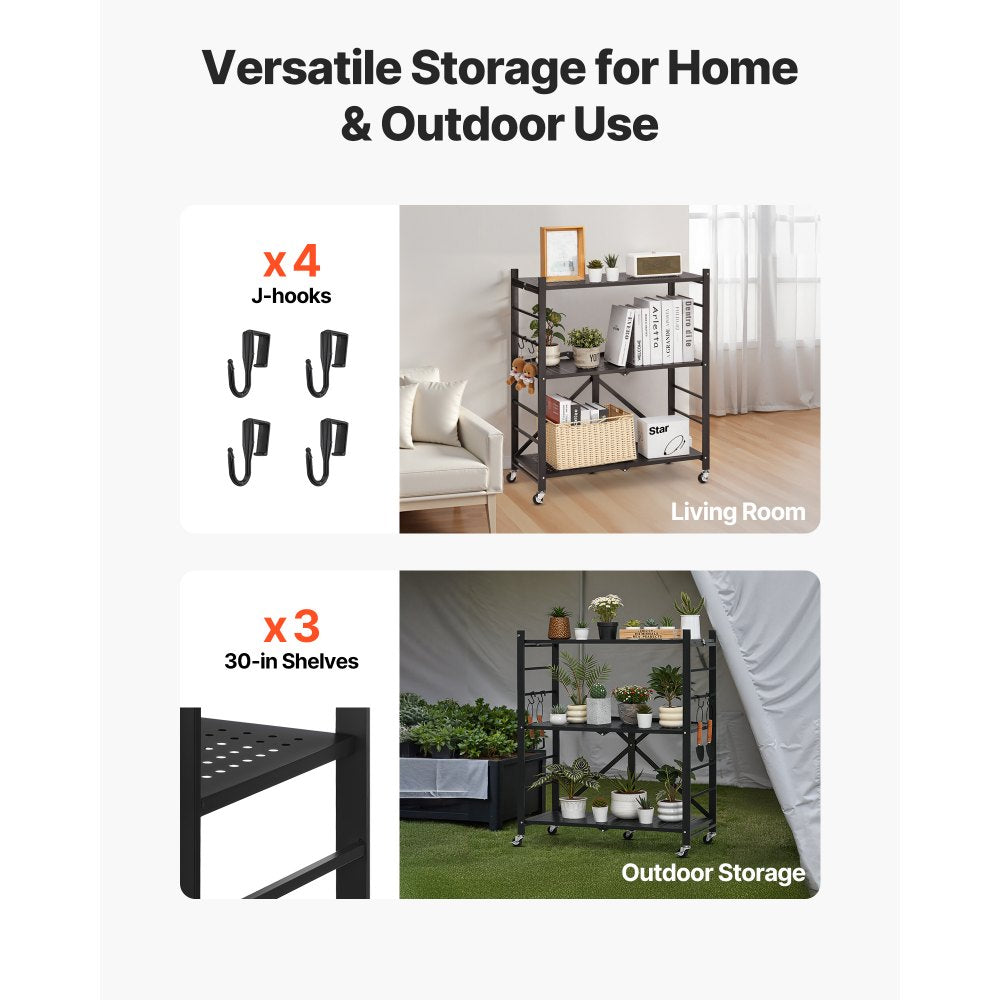 VEVOR 3-Tier Foldable Storage Shelf with Wheels 76 x 33 x 91 cm Metal Shelving
