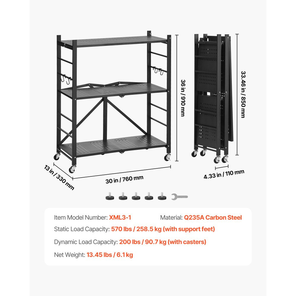 VEVOR 3-Tier Foldable Storage Shelf with Wheels 76 x 33 x 91 cm Metal Shelving