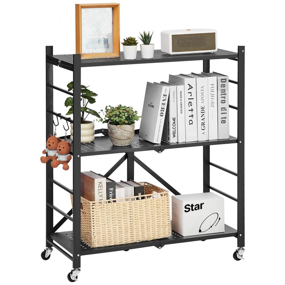 VEVOR 3-Tier Foldable Storage Shelf with Wheels 76 x 33 x 91 cm Metal Shelving