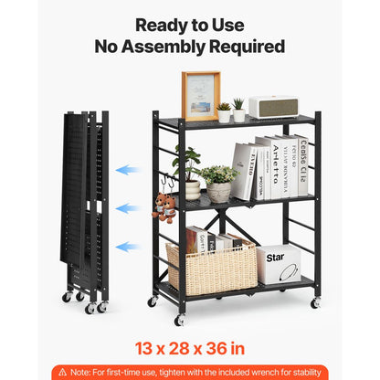 VEVOR 3-Tier Foldable Storage Shelf with Wheels 71 x 33 x 91 cm Metal Shelving