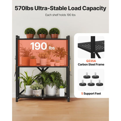 VEVOR 3-Tier Foldable Storage Shelf with Wheels 71 x 33 x 91 cm Metal Shelving