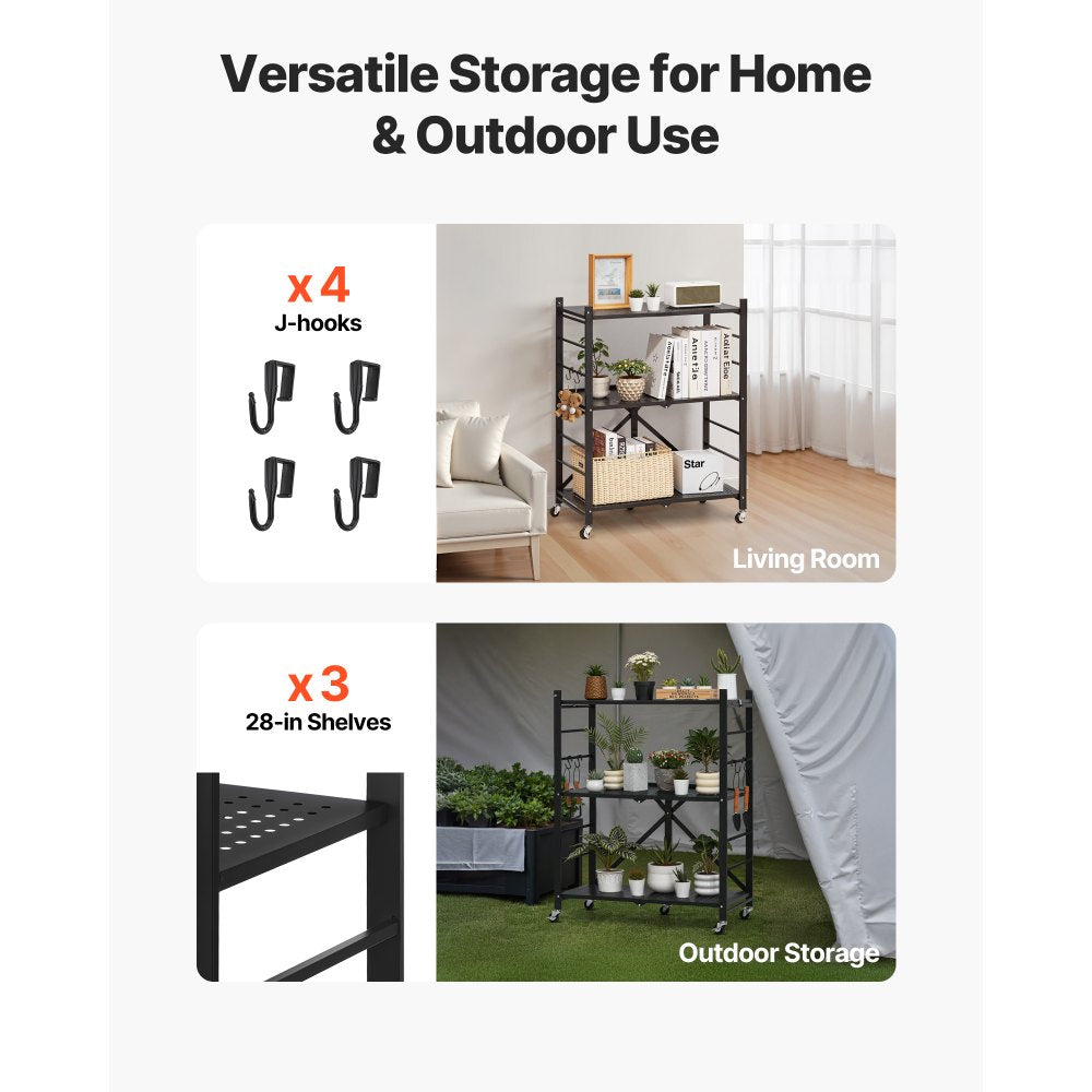 VEVOR 3-Tier Foldable Storage Shelf with Wheels 71 x 33 x 91 cm Metal Shelving