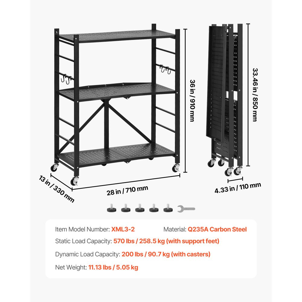 VEVOR 3-Tier Foldable Storage Shelf with Wheels 71 x 33 x 91 cm Metal Shelving