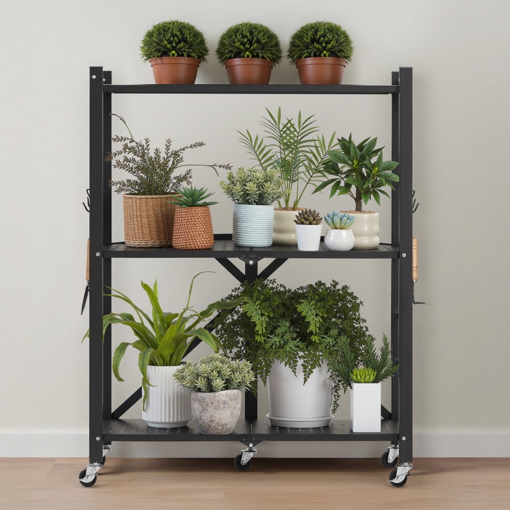 VEVOR 3-Tier Foldable Storage Shelf with Wheels 71 x 33 x 91 cm Metal Shelving
