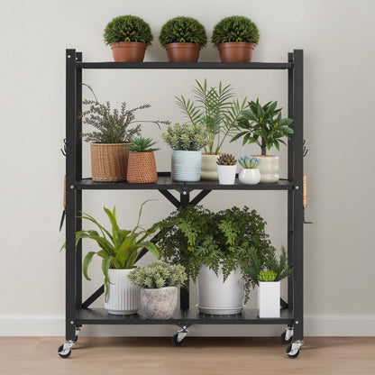 VEVOR 3-Tier Foldable Storage Shelf with Wheels 71 x 33 x 91 cm Metal Shelving