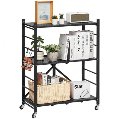VEVOR 3-Tier Foldable Storage Shelf with Wheels 71 x 33 x 91 cm Metal Shelving