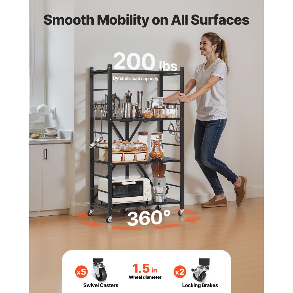 4-Tier Foldable Storage Shelf with Wheels 66 x 33 x 117 cm Metal Shelving