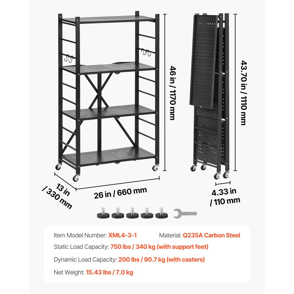 4-Tier Foldable Storage Shelf with Wheels 66 x 33 x 117 cm Metal Shelving