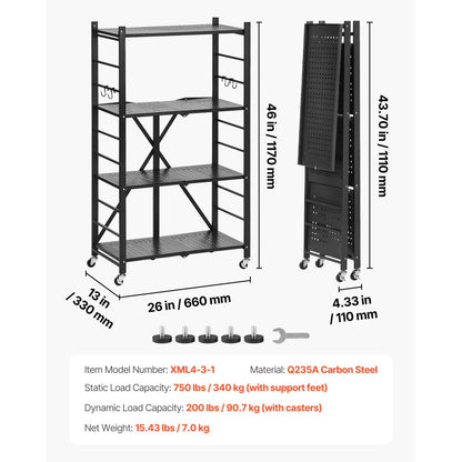 4-Tier Foldable Storage Shelf with Wheels 66 x 33 x 117 cm Metal Shelving
