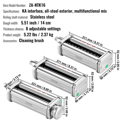3-Piece Pasta Roller & Cutter Set for KitchenAid Mixer, Stainless Steel