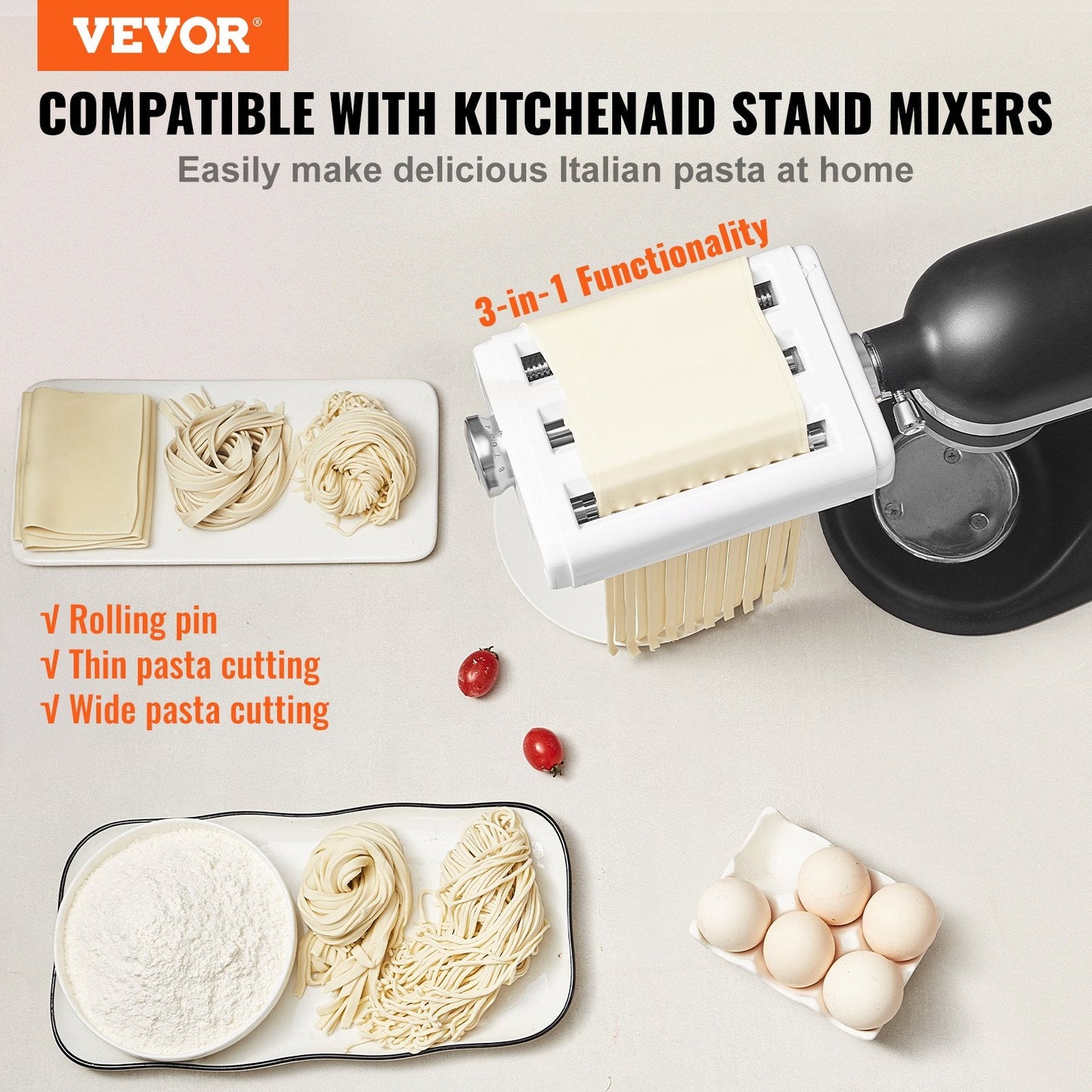 3-in-1 Pasta Roller & Cutter Set for KitchenAid with Adjustable Thickness
