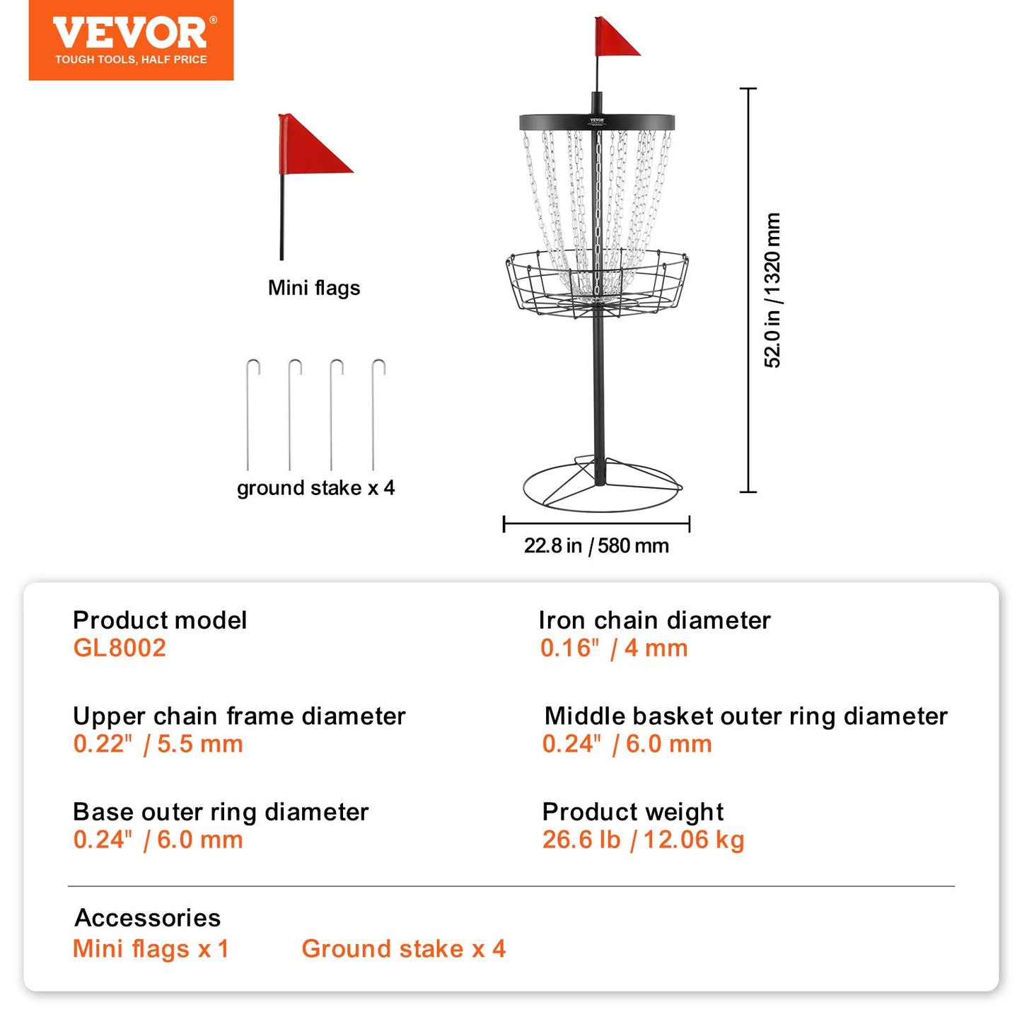 VEVOR Disc Golf Basket, 24-Chains Portable Disc Golf Target Hole, Heavy Duty Steel