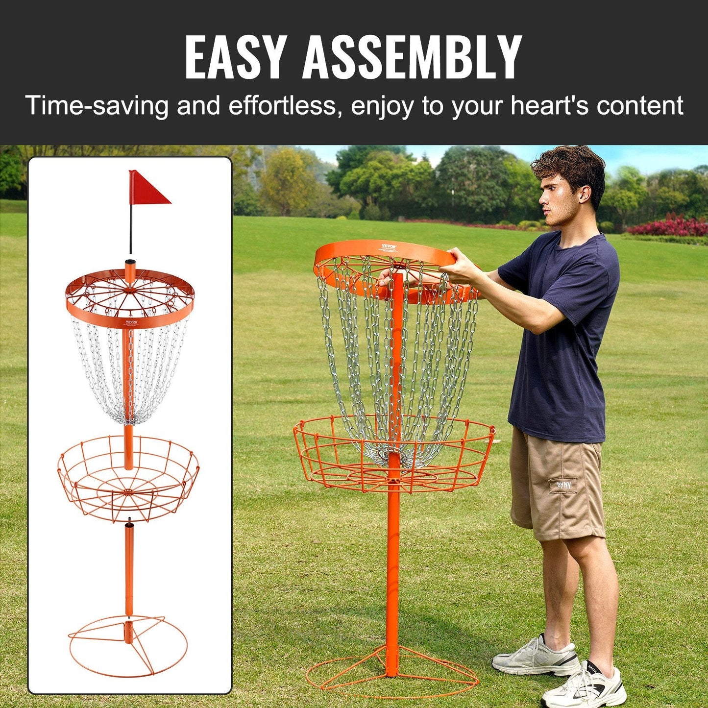 Portable Disc Golf Basket with 24 Chains, Heavy Duty Steel, Includes 6 Discs, Orange