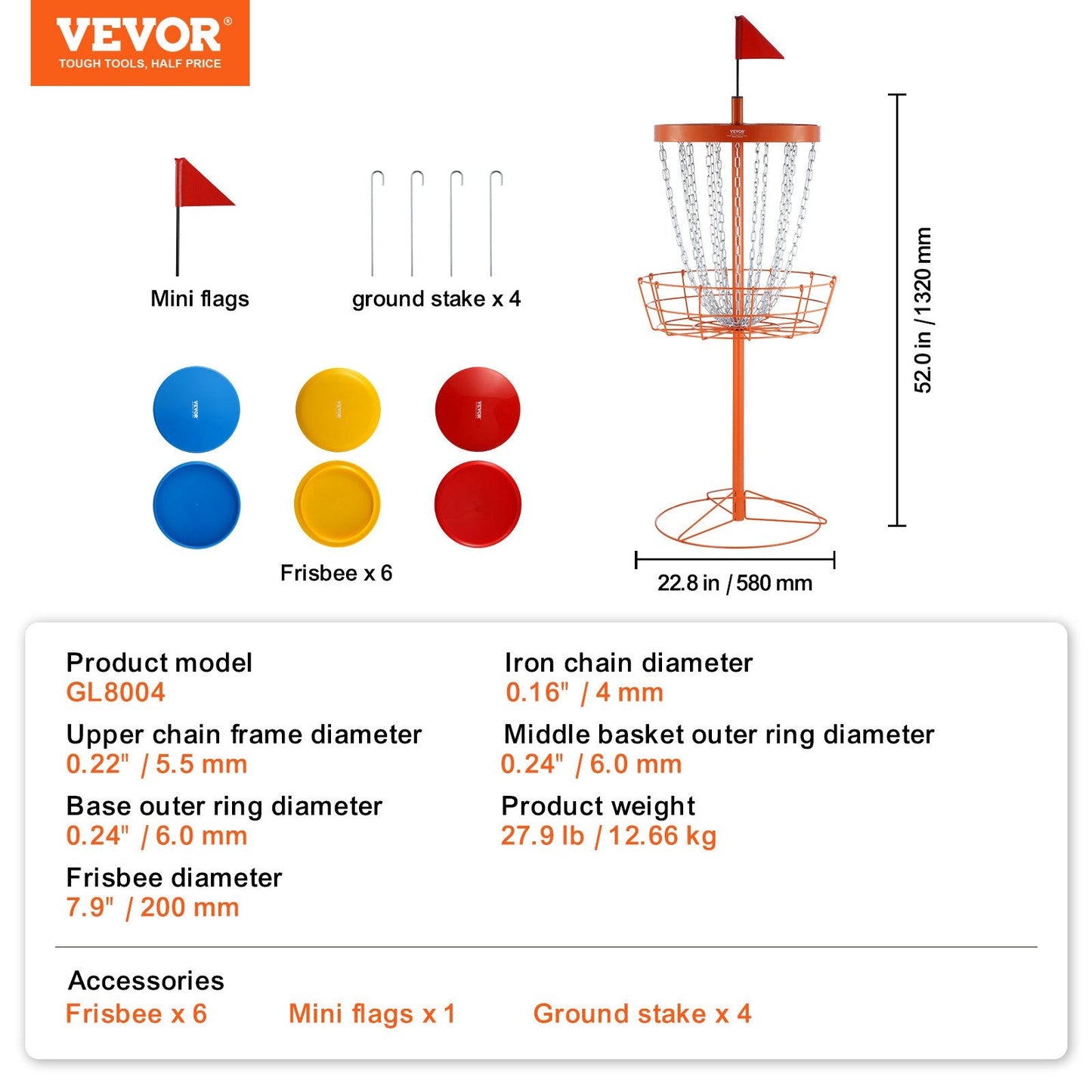 Portable Disc Golf Basket with 24 Chains, Heavy Duty Steel, Includes 6 Discs, Orange
