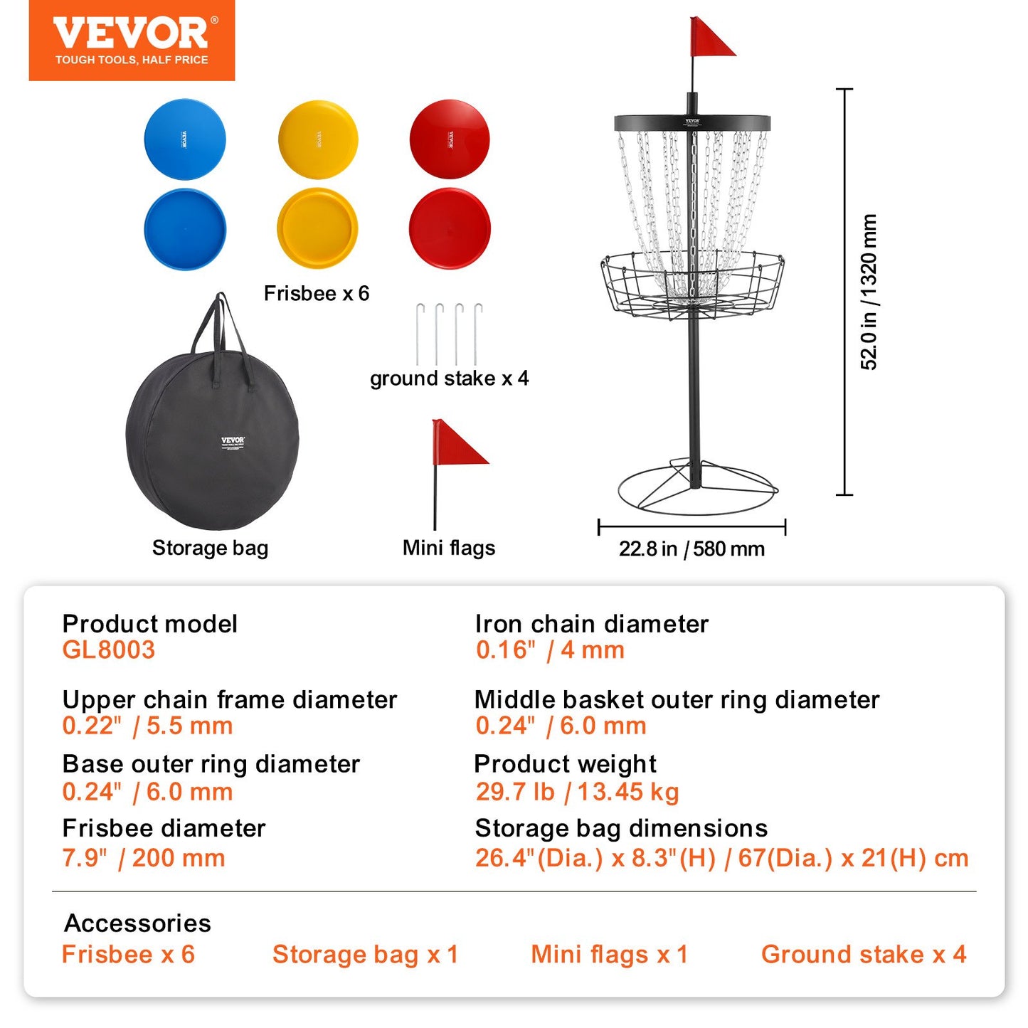 VEVOR Disc Golf Basket, 24-Chains Portable Disc Golf Target Hole, Heavy Duty Steel