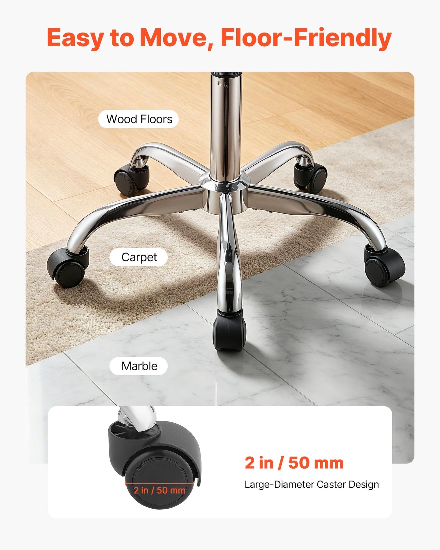 Rolling Stool with Wheels, 226.8kg Weight Capacity, Height Adjustable, Thick Cushion Ergonomic PU Leather Seat, 360° Swivel Round Rolling Stool Chair for Salon, Spa, Clinic, Medical, White