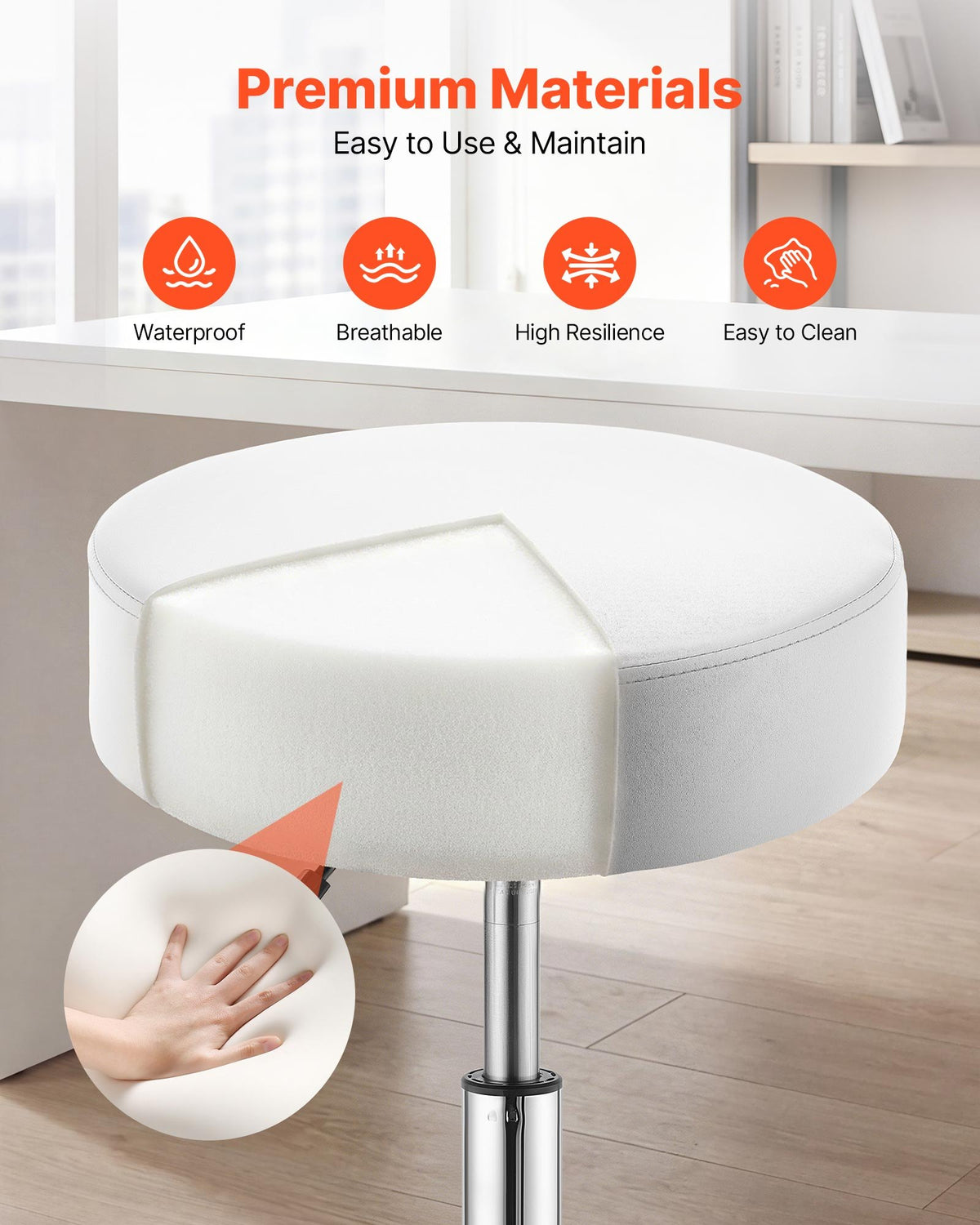 Rolling Stool with Wheels, 226.8kg Weight Capacity, Height Adjustable, Thick Cushion Ergonomic PU Leather Seat, 360° Swivel Round Rolling Stool Chair for Salon, Spa, Clinic, Medical, White