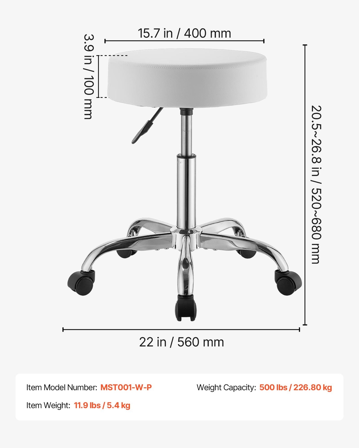 Rolling Stool with Wheels, 226.8kg Weight Capacity, Height Adjustable, Thick Cushion Ergonomic PU Leather Seat, 360° Swivel Round Rolling Stool Chair for Salon, Spa, Clinic, Medical, White
