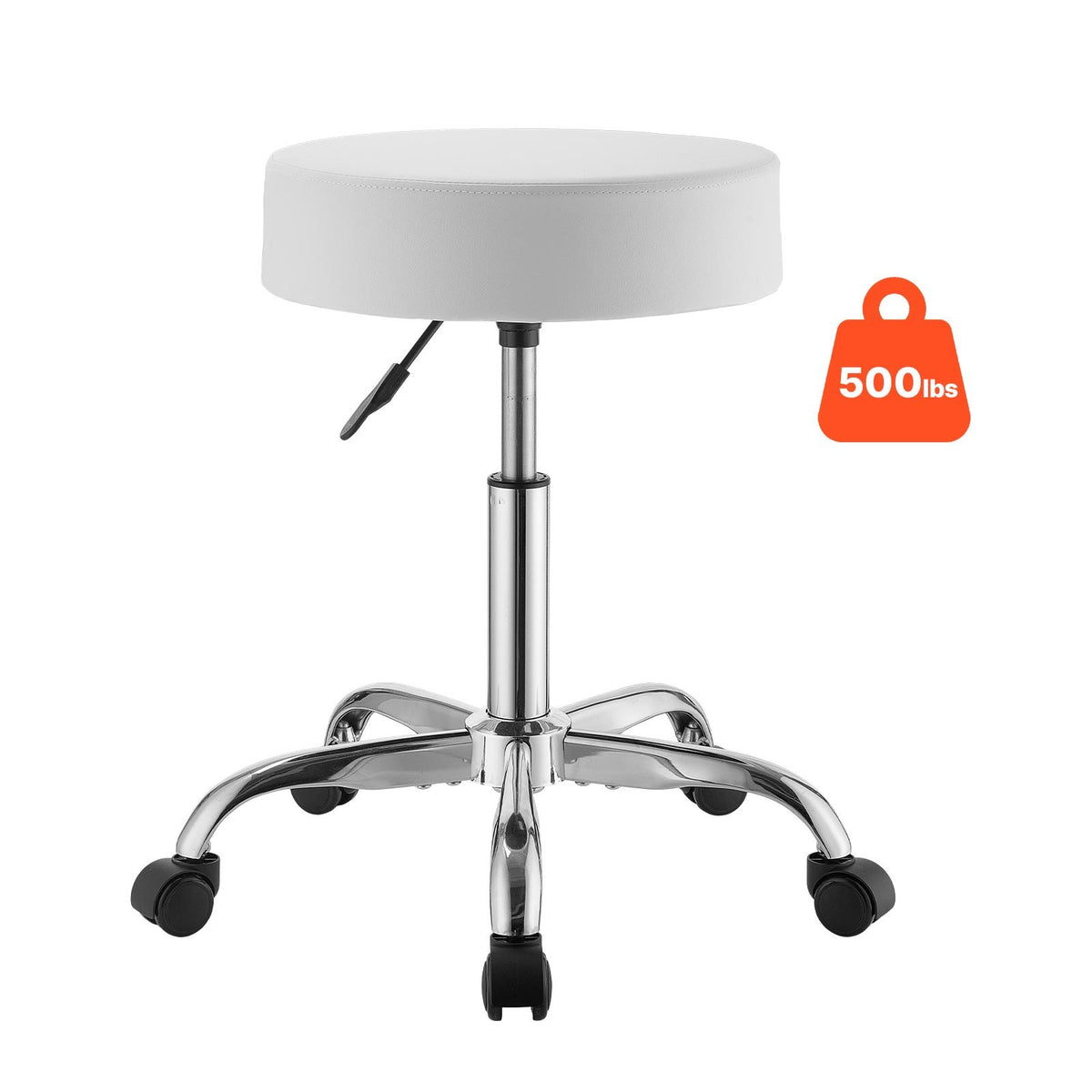 Rolling Stool with Wheels, 226.8kg Weight Capacity, Height Adjustable, Thick Cushion Ergonomic PU Leather Seat, 360° Swivel Round Rolling Stool Chair for Salon, Spa, Clinic, Medical, White