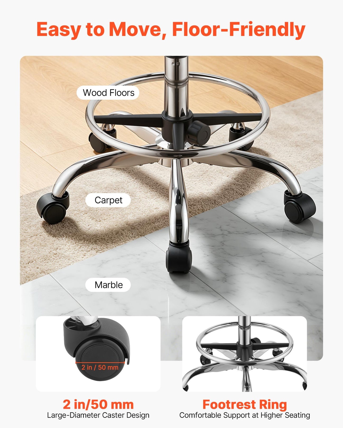 Rolling Stool with Wheels Footrest, 226.8kg Weight Capacity, Height Adjustable, Thick Cushion Ergonomic PU Leather Seat, 360° Swivel Round Rolling Stool Chair for Salon, Clinic, Medical, Black