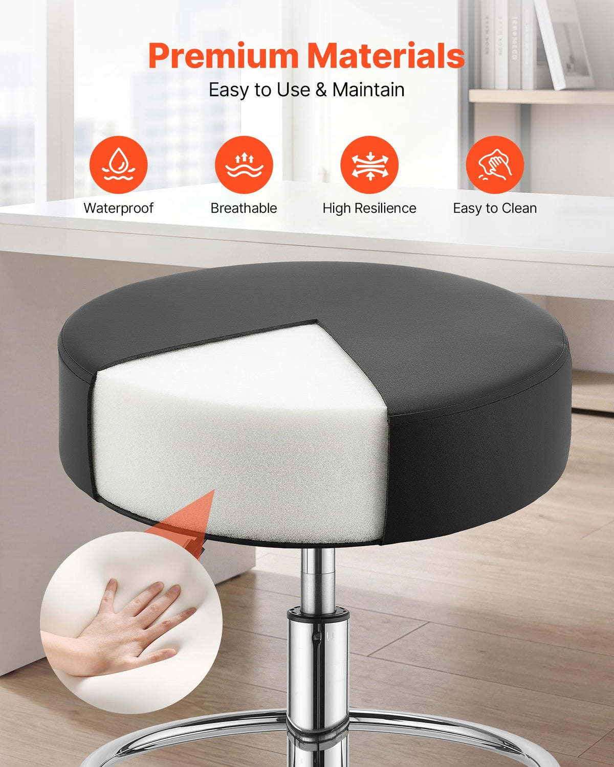 Rolling Stool with Wheels Footrest, 226.8kg Weight Capacity, Height Adjustable, Thick Cushion Ergonomic PU Leather Seat, 360° Swivel Round Rolling Stool Chair for Salon, Clinic, Medical, Black