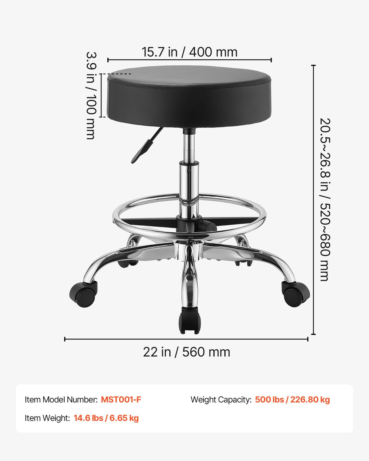 Rolling Stool with Wheels Footrest, 226.8kg Weight Capacity, Height Adjustable, Thick Cushion Ergonomic PU Leather Seat, 360° Swivel Round Rolling Stool Chair for Salon, Clinic, Medical, Black