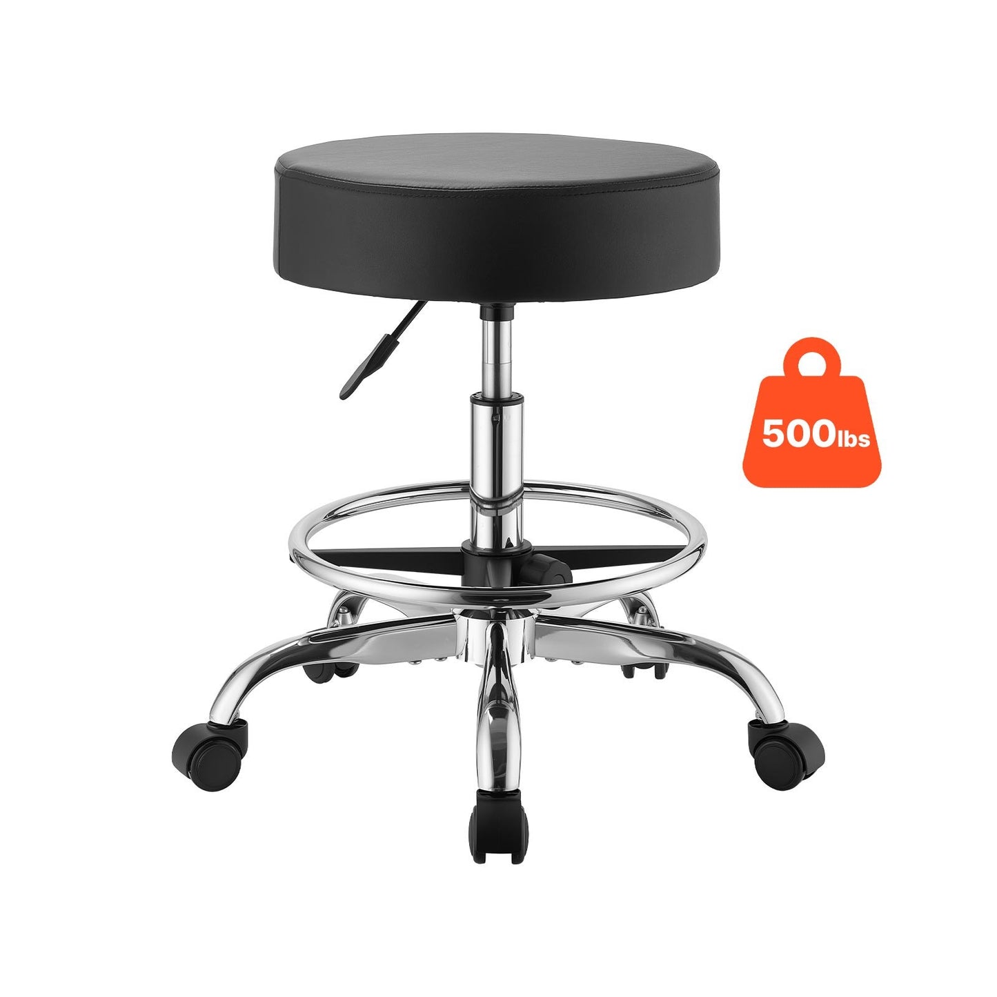 Rolling Stool with Wheels Footrest, 226.8kg Weight Capacity, Height Adjustable, Thick Cushion Ergonomic PU Leather Seat, 360° Swivel Round Rolling Stool Chair for Salon, Clinic, Medical, Black